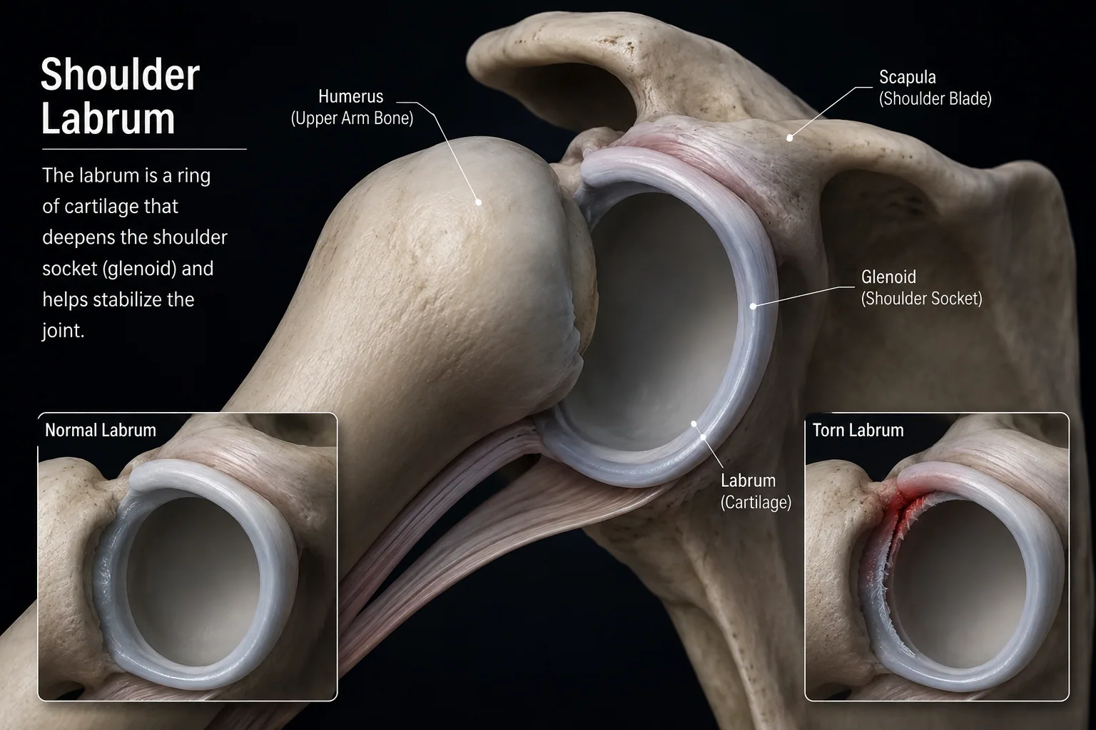 Labeled shoulder anatomy showing the normal labrum and a torn labrum