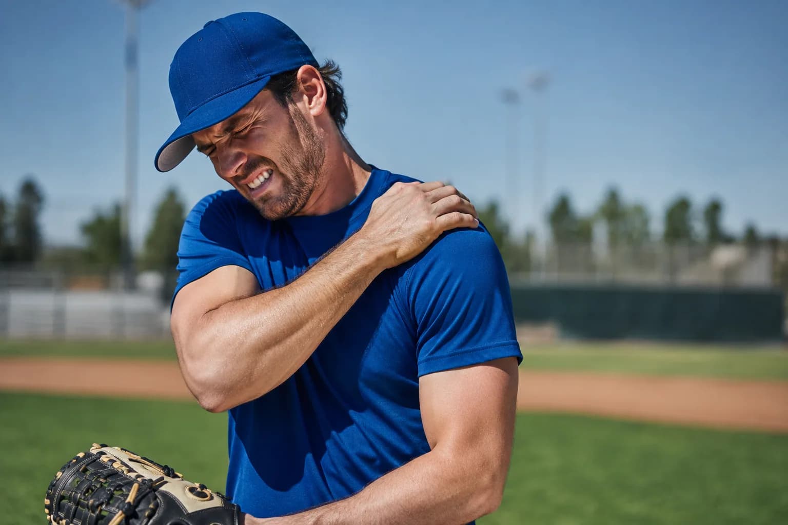 Baseball player experiencing shoulder pain near the throwing shoulder